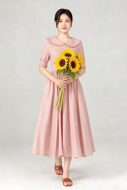 Dark Green Linen Midi Dress - Peter Pan Collar, Puff Sleeve c5515