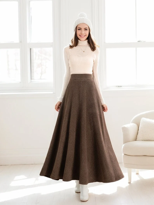 Long Wool A-Line Maxi Skirt With Pockets C4263