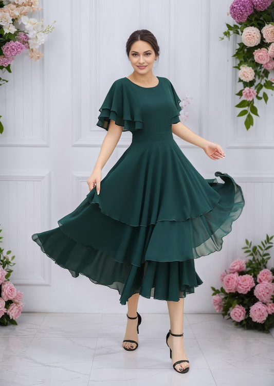 Green ruffle chiffon dress women C4832