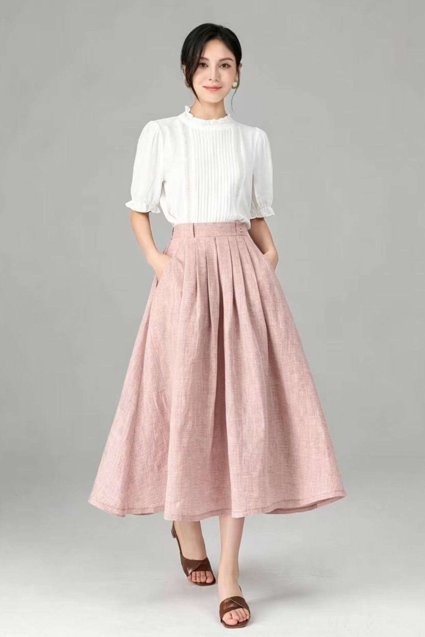 Beige Linen A-Line Midi Skirt with Pockets - Pleated & Comfortable C5520