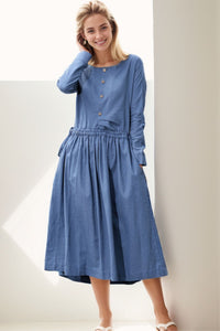 Blue Waist Drawstring Loose Dress C267