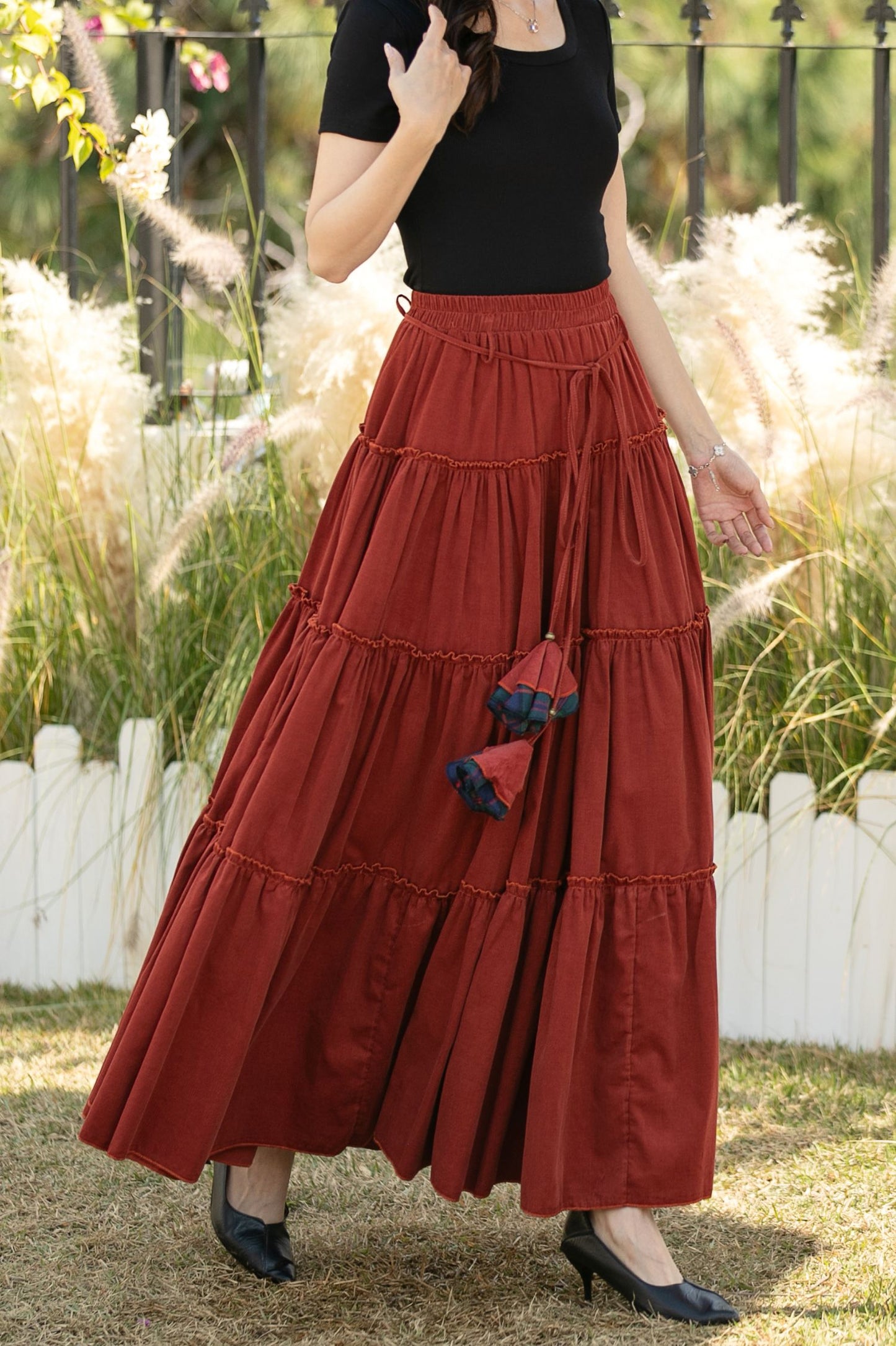 Rust Corduroy Tiered Maxi Skirt – Elastic Waist Boho Pleated Skirt C5436
