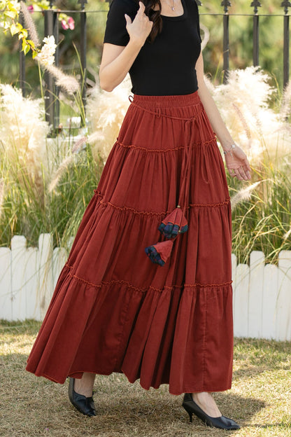 Rust Corduroy Tiered Maxi Skirt – Elastic Waist Boho Pleated Skirt C5436
