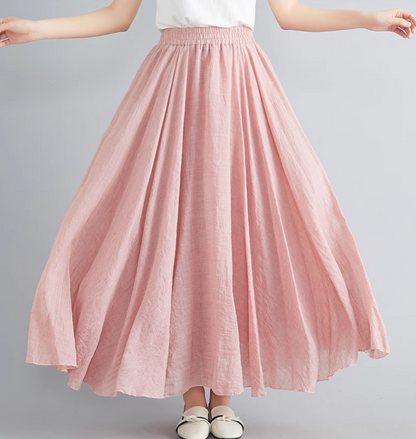 Elastic waist swing linen skirt women C5023-13 (pink)