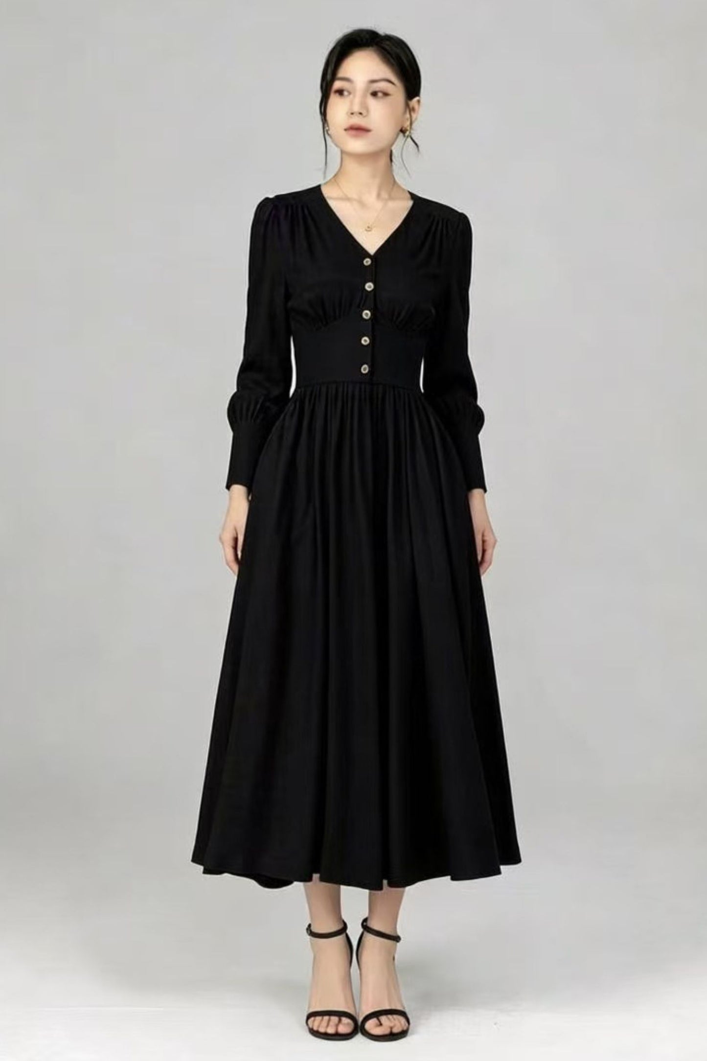 Red Linen Midi Dress - Button Front, V-Neck, Long Sleeve c5516
