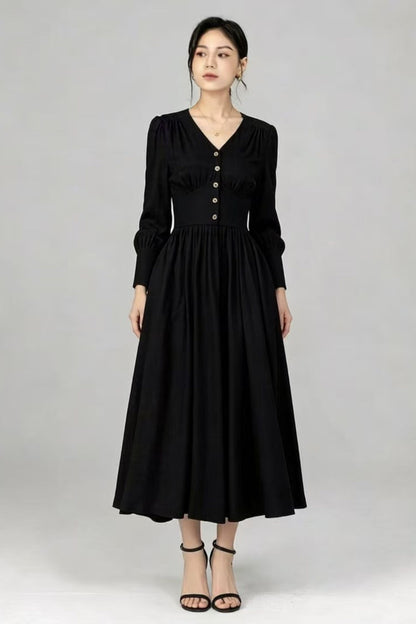Red Linen Midi Dress - Button Front, V-Neck, Long Sleeve c5516