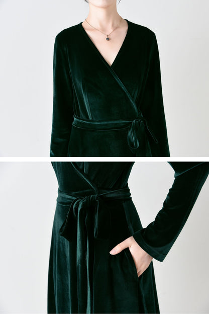 Long Velvet Wrap Dress with Belt C4695