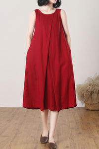 Red Sleeveless Midi Linen Dress C3262