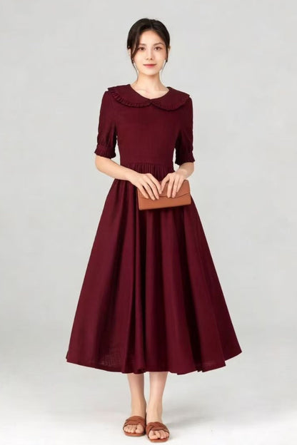 Dark Green Linen Midi Dress - Peter Pan Collar, Puff Sleeve c5515