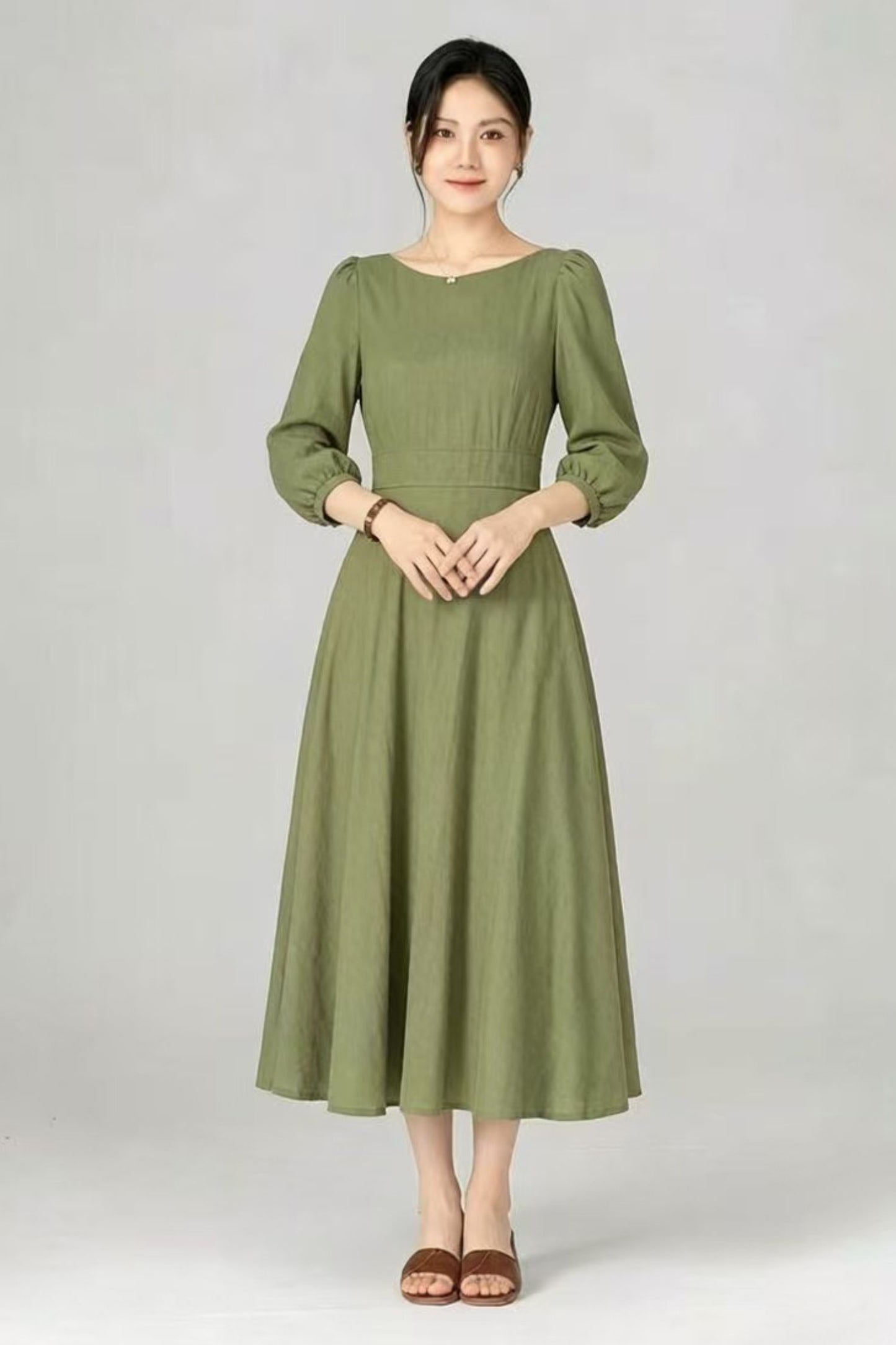 Navy Linen Cotton Midi Dress - A-Line Swing Dress with Boat Neck c5513