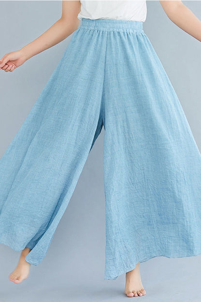 Dark Blue Cotton Linen Wide-Leg Pants - Elastic Waist, Lined TT0053