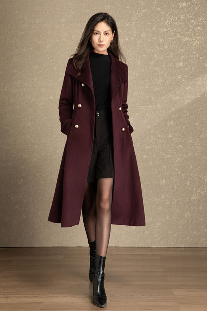 Burgundy fit and flare long wool coat C4490