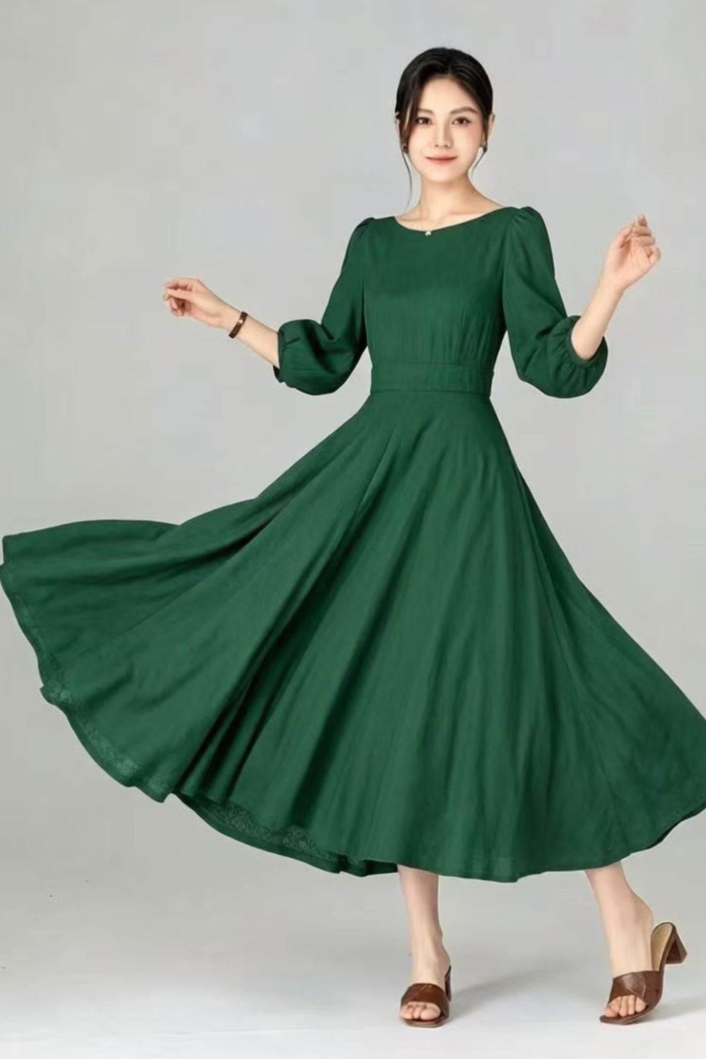 Navy Linen Cotton Midi Dress - A-Line Swing Dress with Boat Neck c5513
