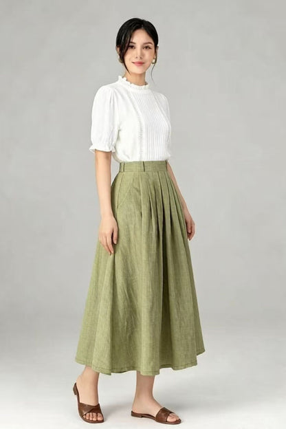 Beige Linen A-Line Midi Skirt with Pockets - Pleated & Comfortable C5520