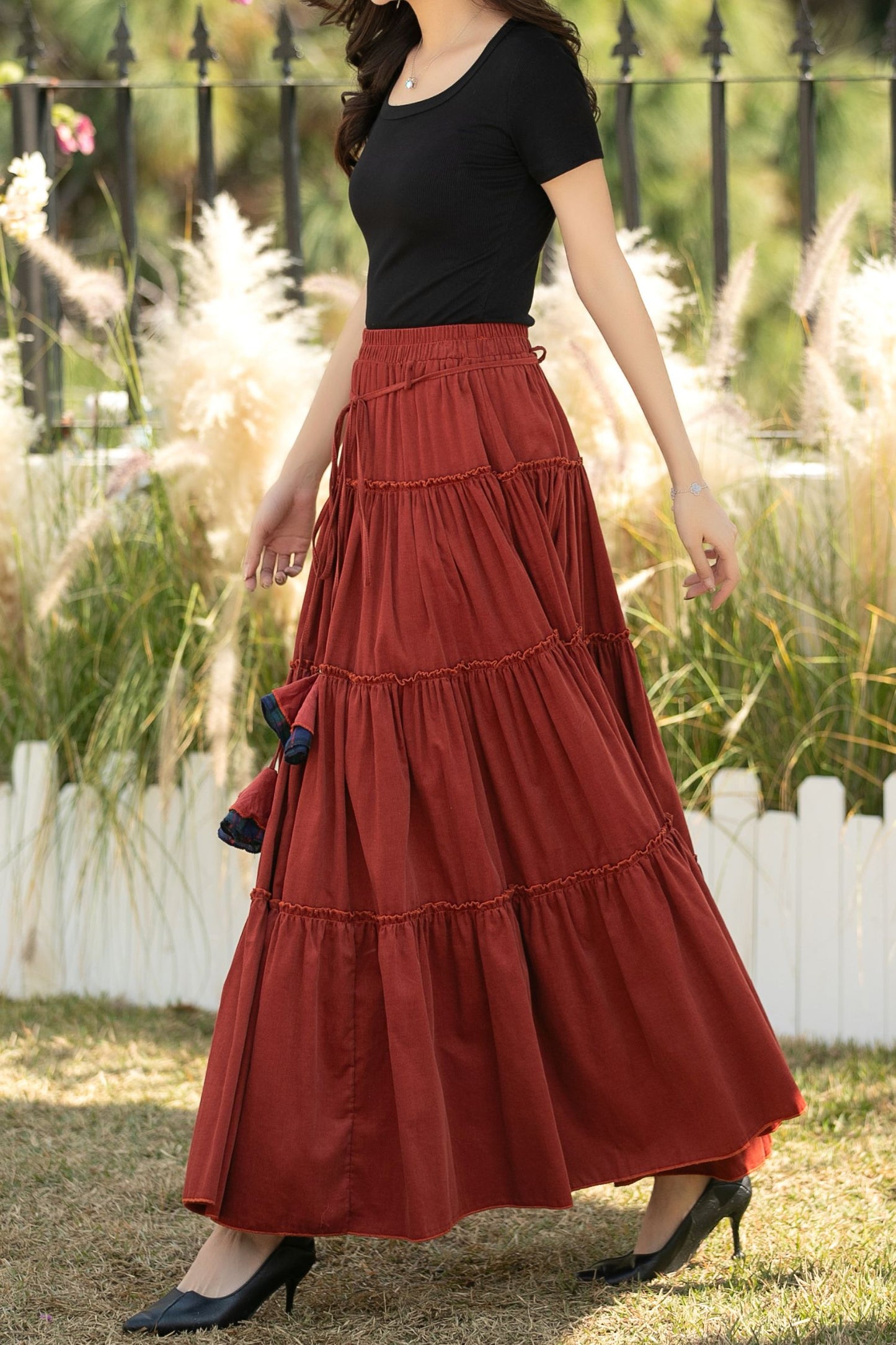 Rust Corduroy Tiered Maxi Skirt – Elastic Waist Boho Pleated Skirt C5436