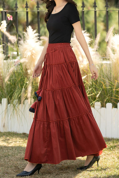 Rust Corduroy Tiered Maxi Skirt – Elastic Waist Boho Pleated Skirt C5436