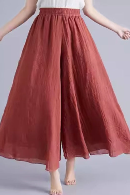 Dark Blue Cotton Linen Wide-Leg Pants - Elastic Waist, Lined TT0053