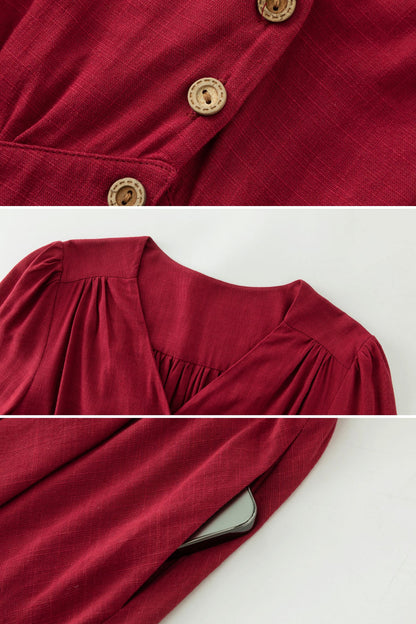 Red Linen Midi Dress - Button Front, V-Neck, Long Sleeve c5516