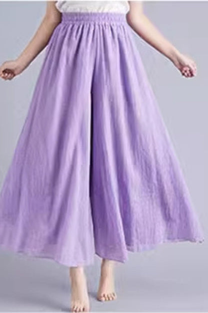 Dark Blue Cotton Linen Wide-Leg Pants - Elastic Waist, Lined TT0053