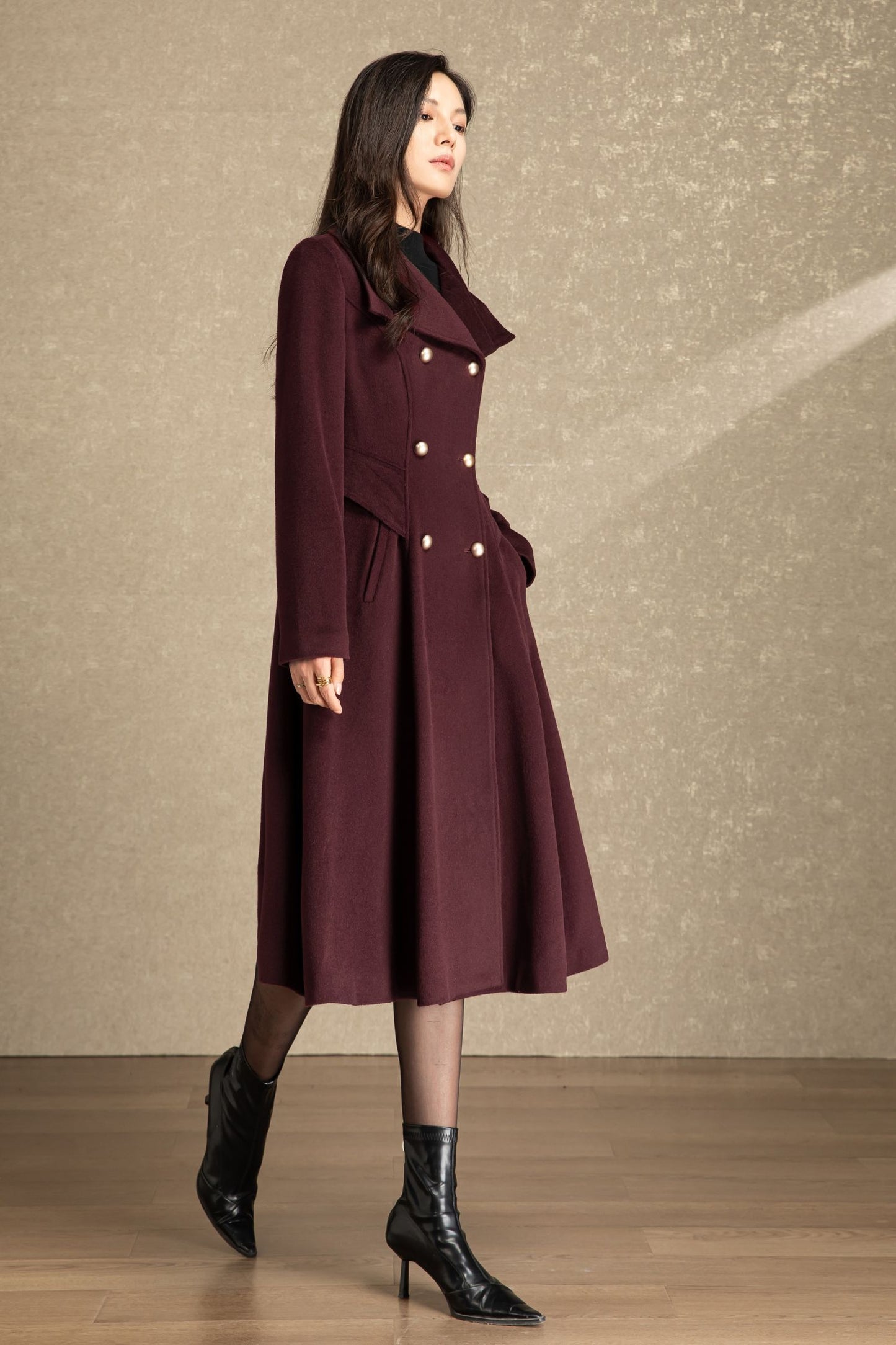 Burgundy fit and flare long wool coat C4490