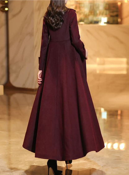Wool coat, Long wool coat, Burgundy swing wool coat c3709