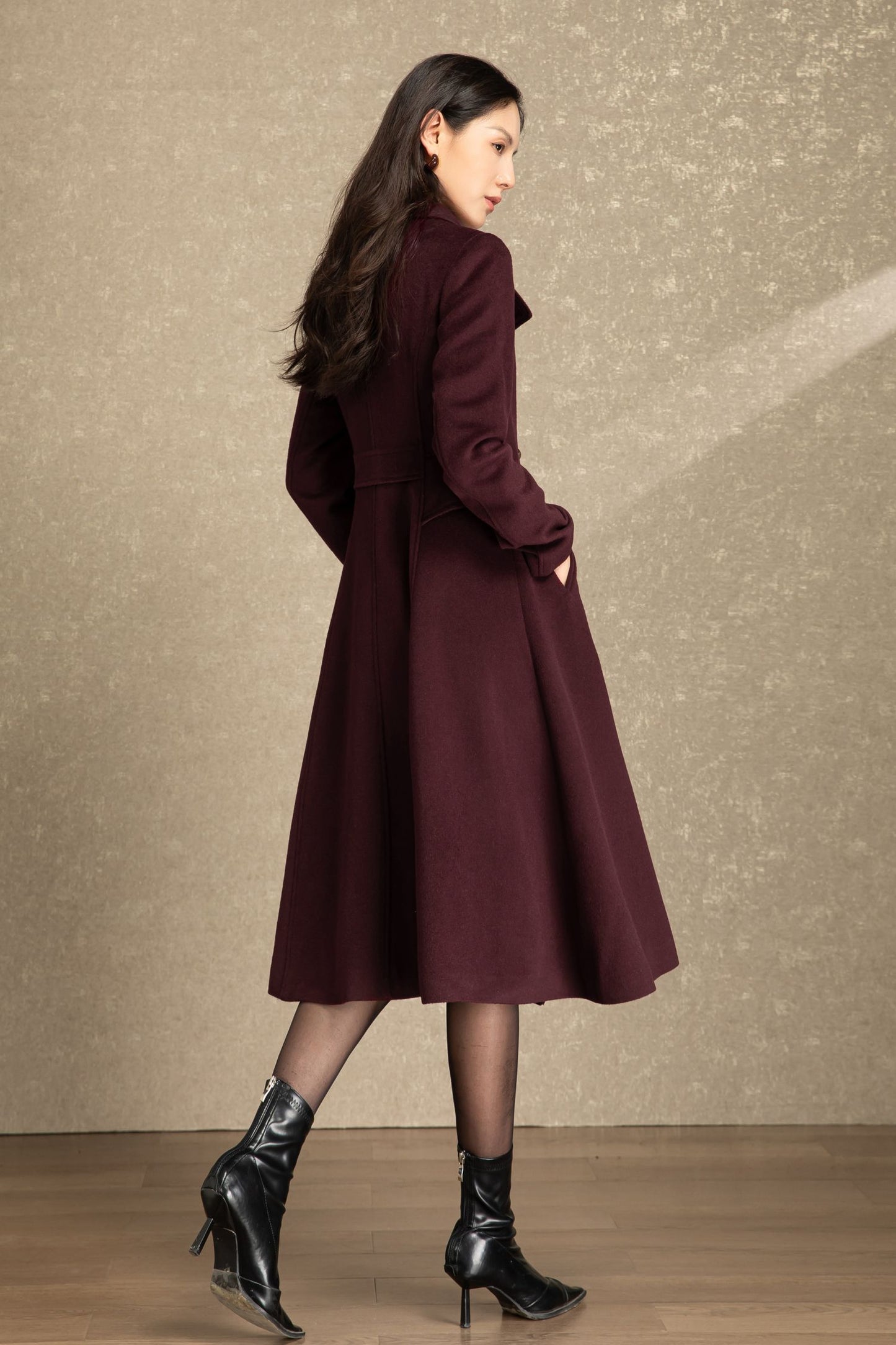 Burgundy fit and flare long wool coat C4490