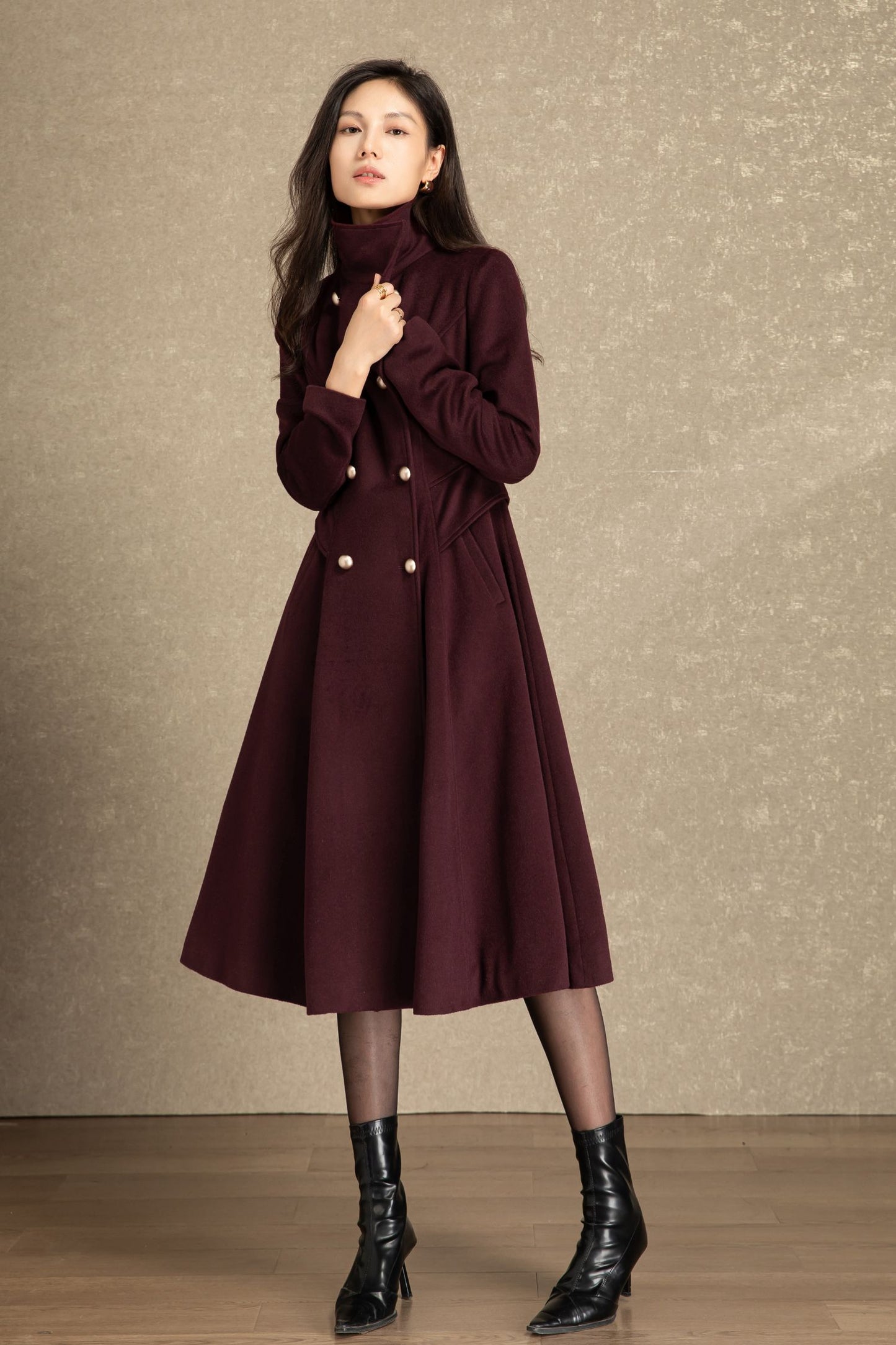 Burgundy fit and flare long wool coat C4490