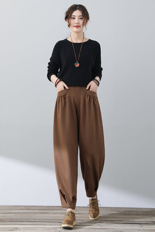 Long Brown Women Wool Pants C3022