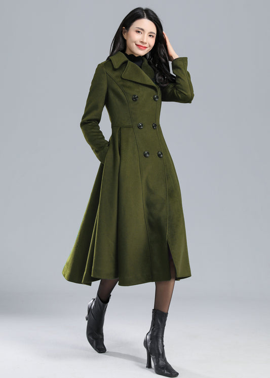Army Green Trench Fit and Flare Double Breasted Wool Coat C4511