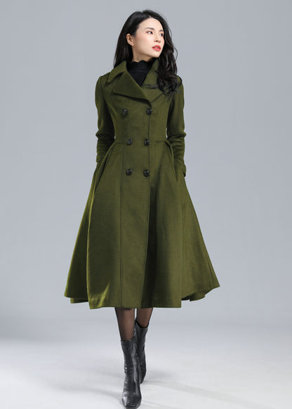 Army Green Trench Fit and Flare Double Breasted Wool Coat C4511