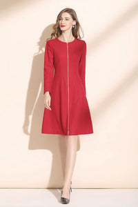 elegant red wool dress with zipper closure in front C3421