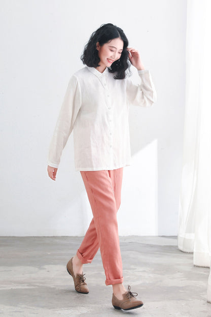 White Button Up Linen Shirts Women C2713-Size S #CK2200394