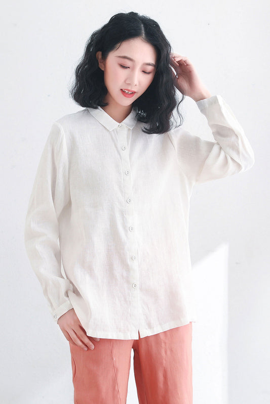 White Button Up Linen Shirts Women C2713-Size S #CK2200394