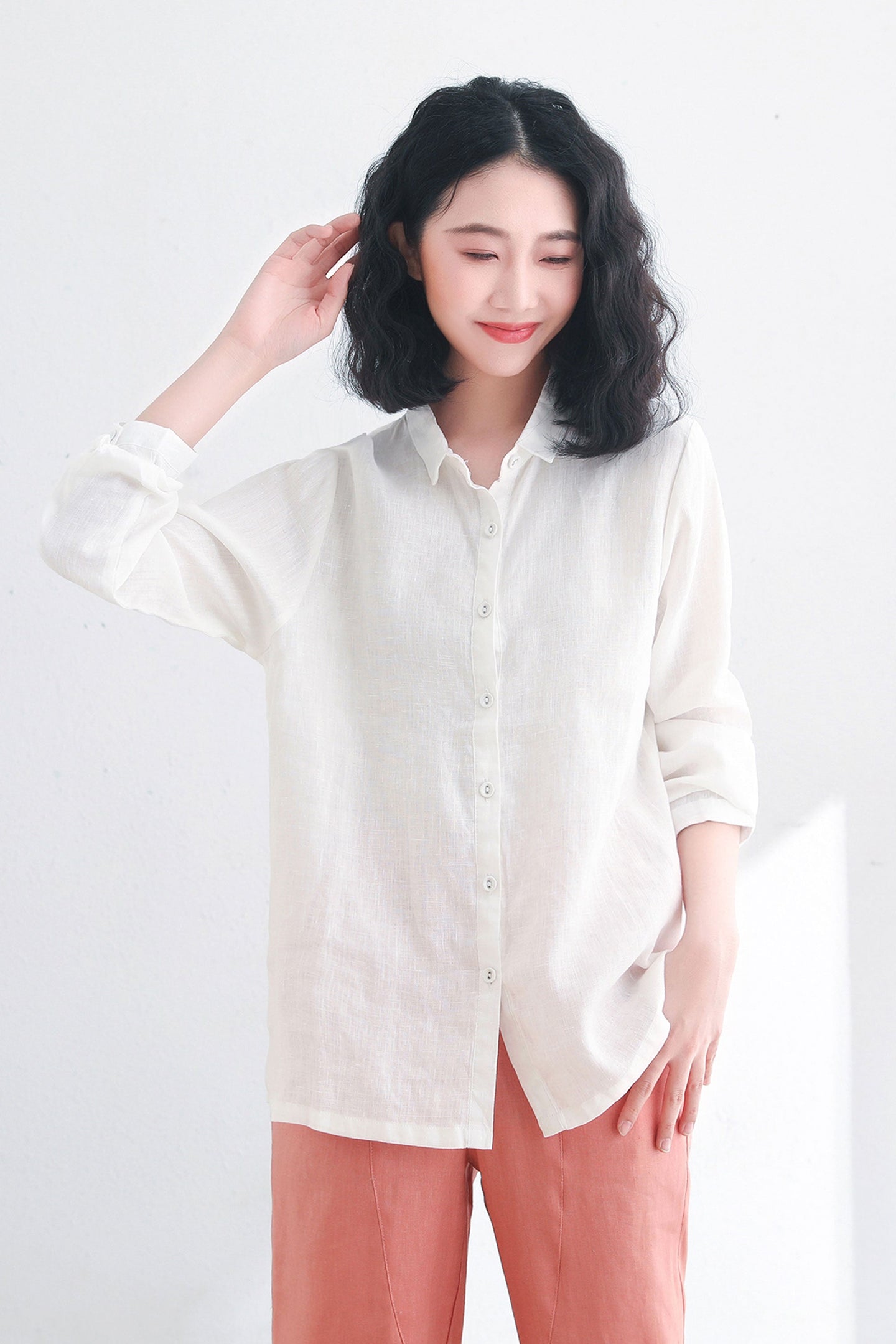 White Button Up Linen Shirts Women C2713,Size S #CK2200394