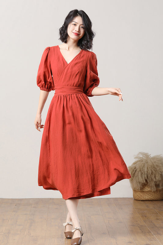 Women's Orange Linen Dress C3282