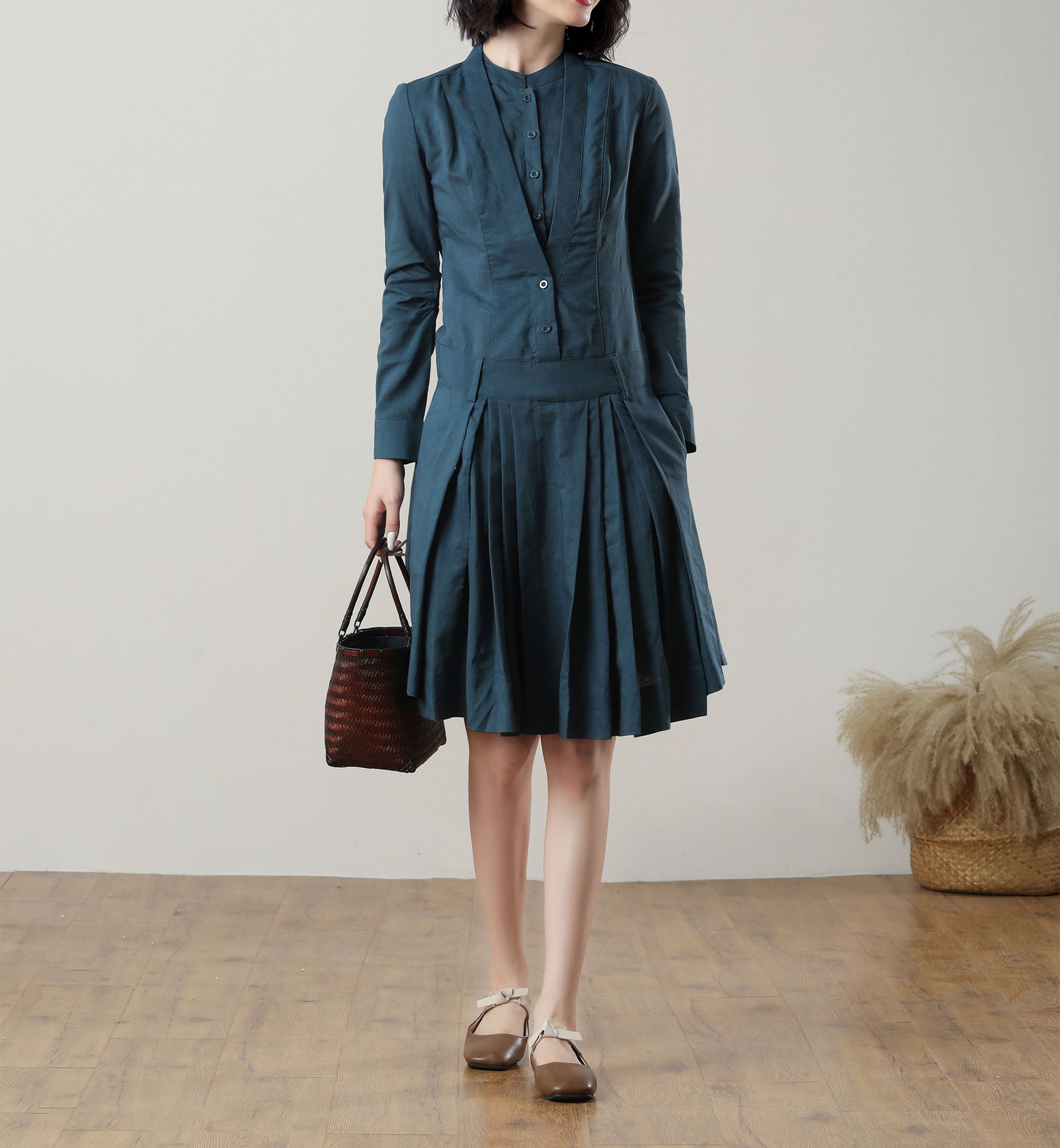 spring drop waist swing linen dress C3239 Blue / XS spring drop waist swing linen dress C3239 Blue / XS