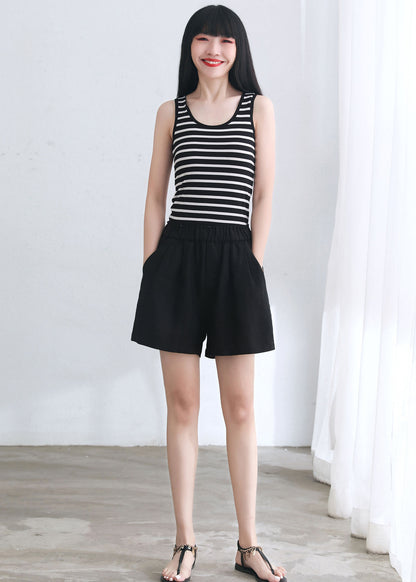 Black High Waist Summer Linen Shorts C2668