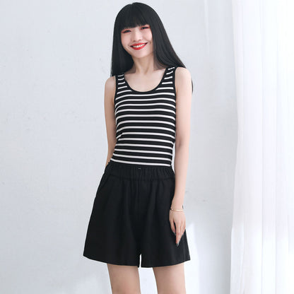 Black High Waist Summer Linen Shorts C2668