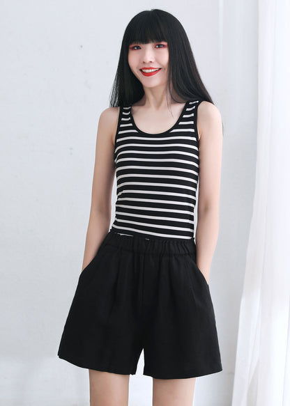 Black High Waist Summer Linen Shorts C2668