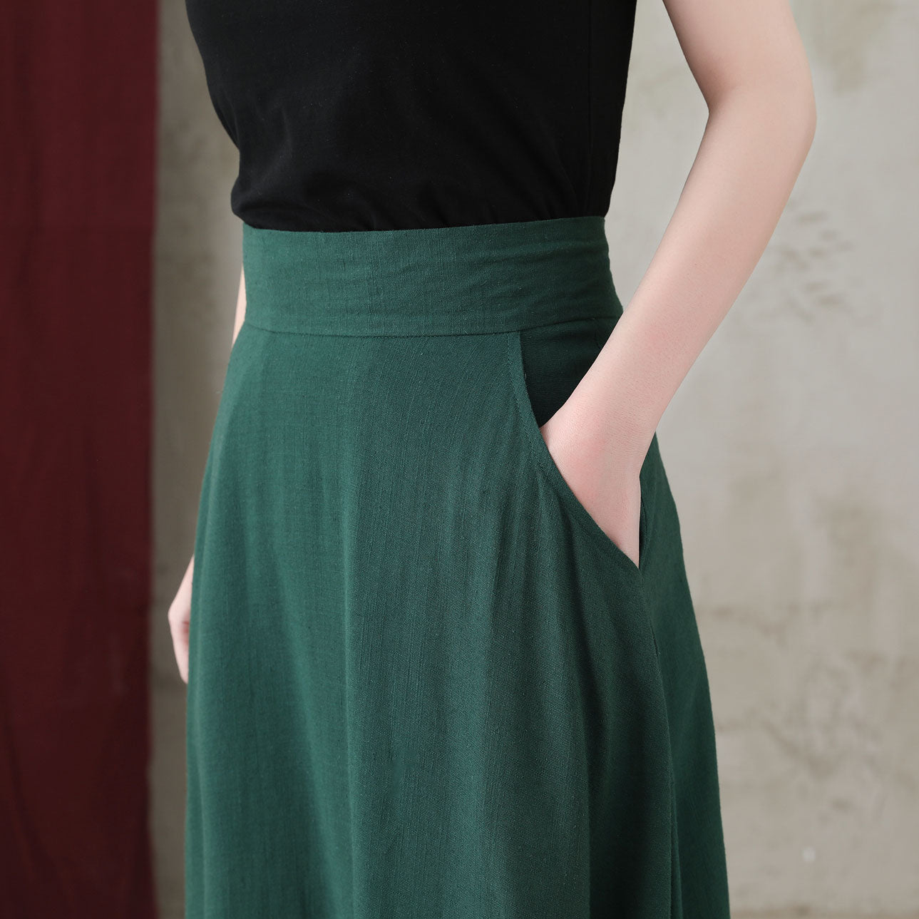 Long Green A-Line  Linen Maxi Skirt C5156