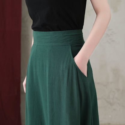 Long Green A-Line  Linen Maxi Skirt C5156