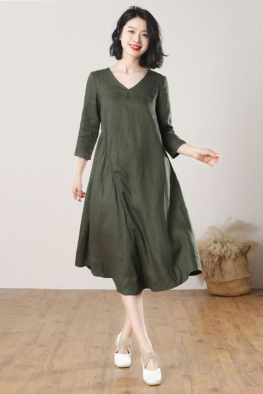 Army Green Midi Linen Dress C3265