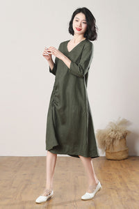 Army Green Midi Linen Dress C3265