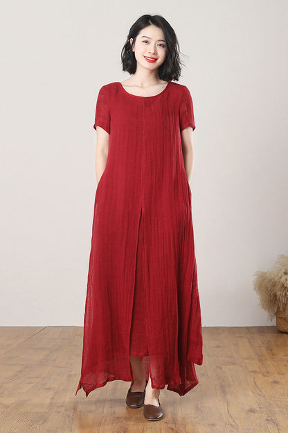 Summer Red Maxi Linen Dress C3268