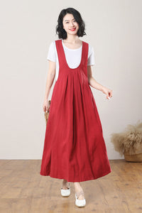 Red Loose Linen Pinafore Dress C3270