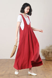 Red Loose Linen Pinafore Dress C3270