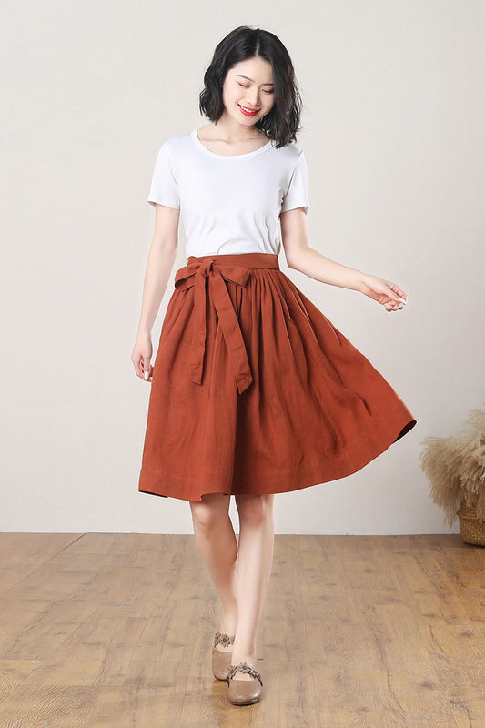 A-Line Pleated Linen Midi Skirt C3271