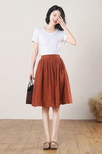 A-Line Pleated Linen Midi Skirt C3271