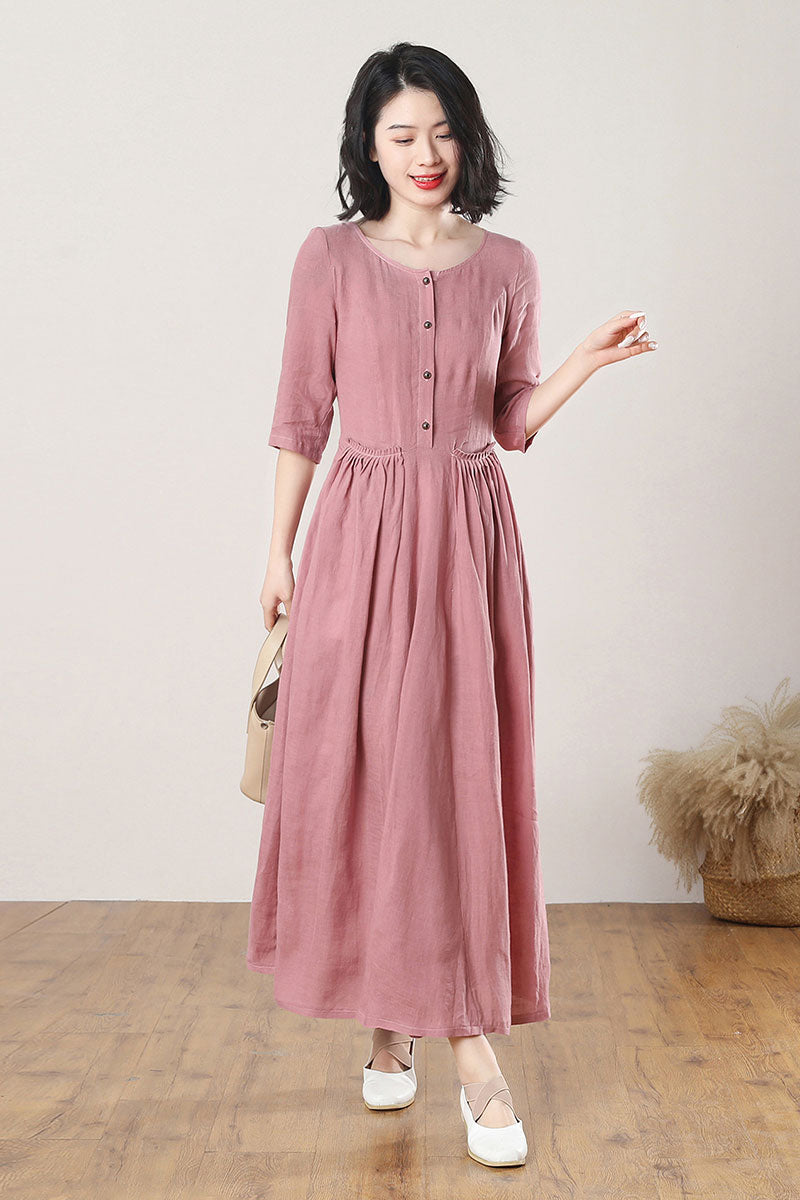 Women's Summer Pink Linen Dress C3274