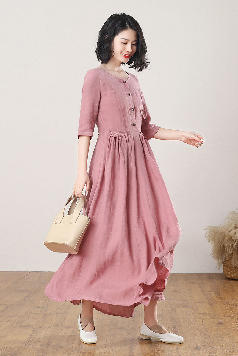 Women's Summer Pink Linen Dress C3274